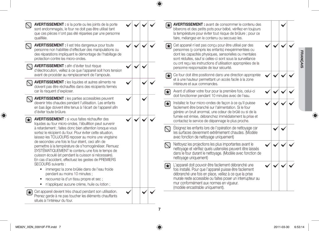 Samsung ME82V-WW/XEN manual Modèle encastrable uniquement 