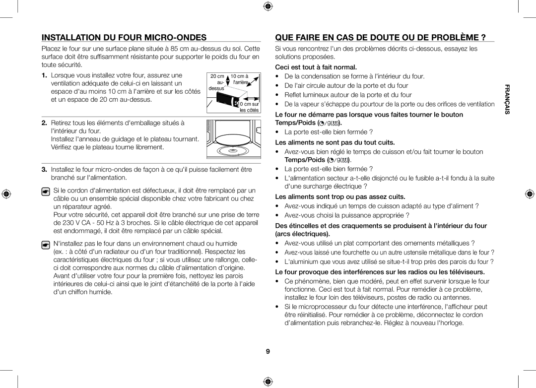 Samsung ME82V-WW/XEN manual Installation du four micro-ondes, Que faire en cas de doute ou de problème ? 