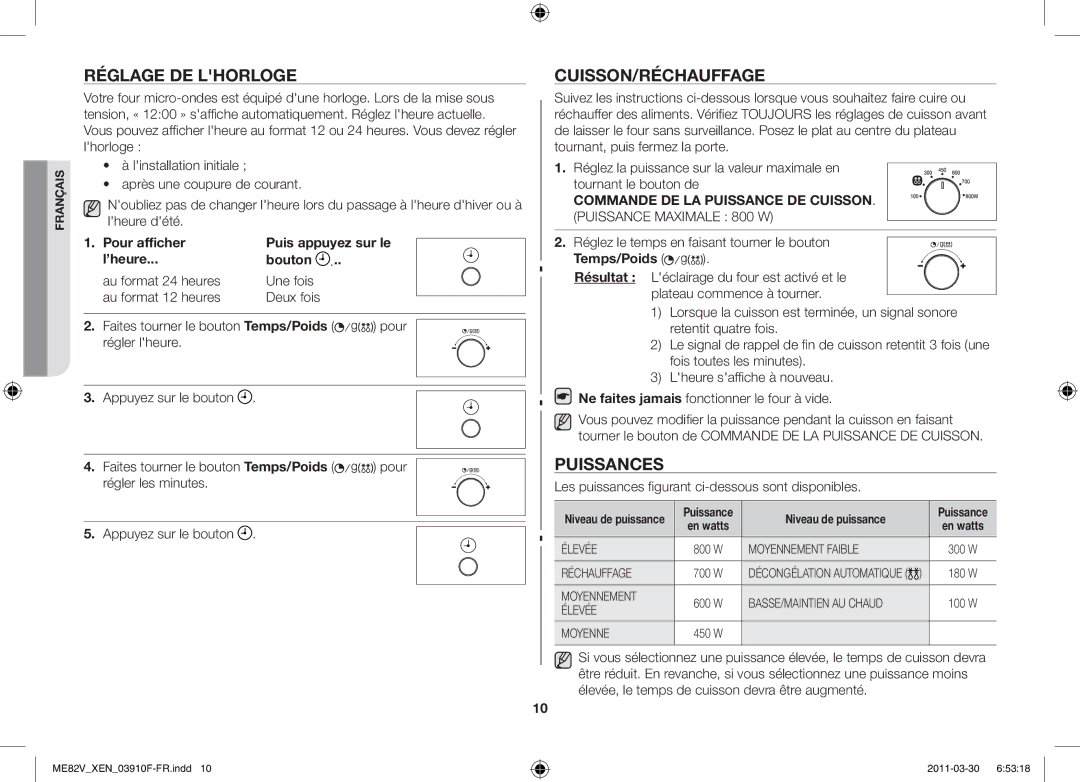 Samsung ME82V-WW/XEN Réglage de lhorloge, Cuisson/Réchauffage, Puissances, Réglez le temps en faisant tourner le bouton 