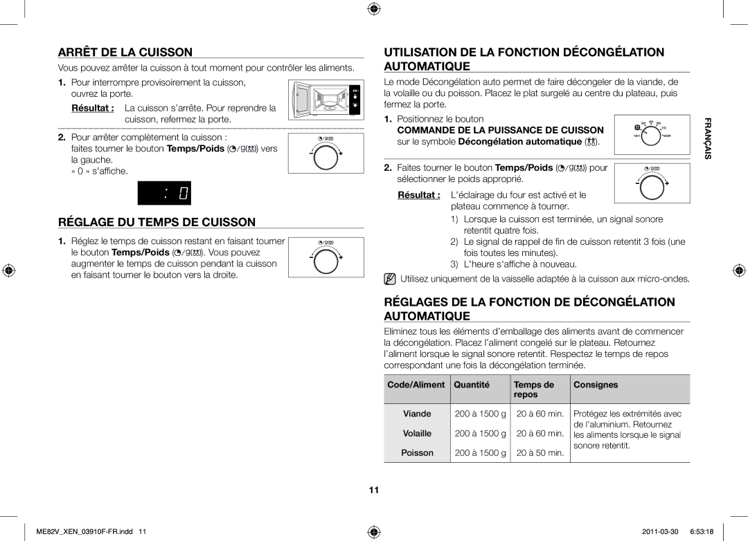 Samsung ME82V-WW/XEN manual Arrêt de la cuisson, Réglage du temps de cuisson 