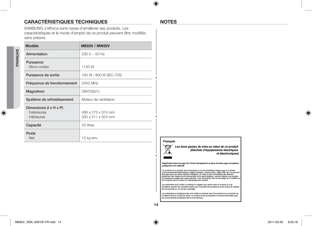 Samsung ME82V-WW/XEN manual Caractéristiques techniques, Modèle ME82V / MW82V 