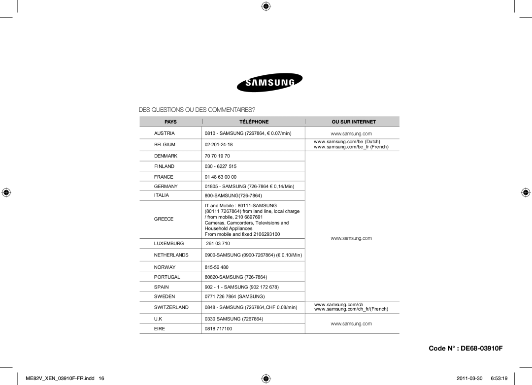 Samsung ME82V-WW/XEN manual Code N DE68-03910F 