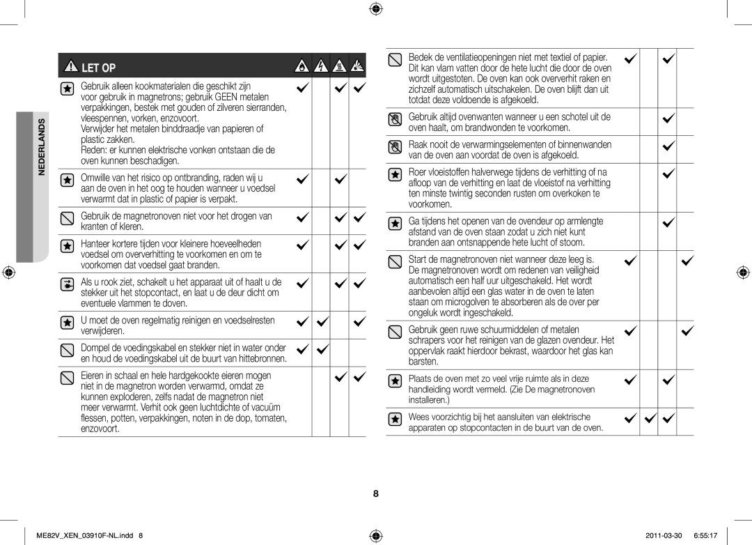 Samsung ME82V-WW/XEN manual Let Op 