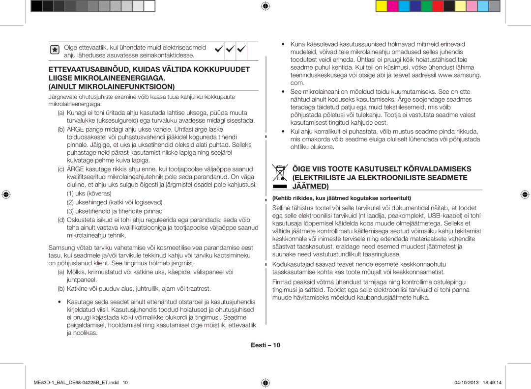 Samsung ME83D-1/BAL manual Kehtib riikides, kus jäätmed kogutakse sorteeritult 