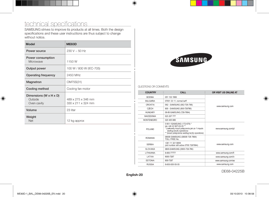 Samsung ME83D-1/BAL manual Technical specifications, English-20, Model 