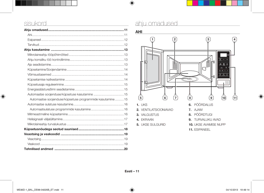 Samsung ME83D-1/BAL manual Ahju omadused, Ahi Esipaneel Tarvikud, Veaotsing Veakood 