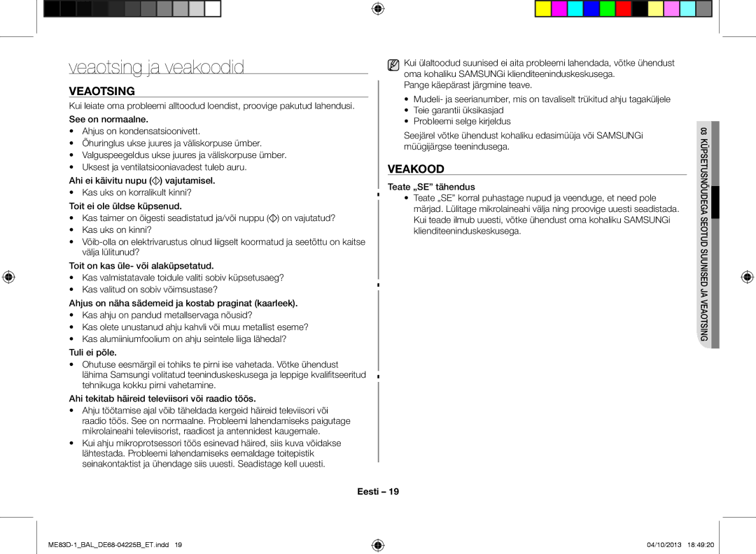 Samsung ME83D-1/BAL manual Veaotsing ja veakoodid, Veakood 