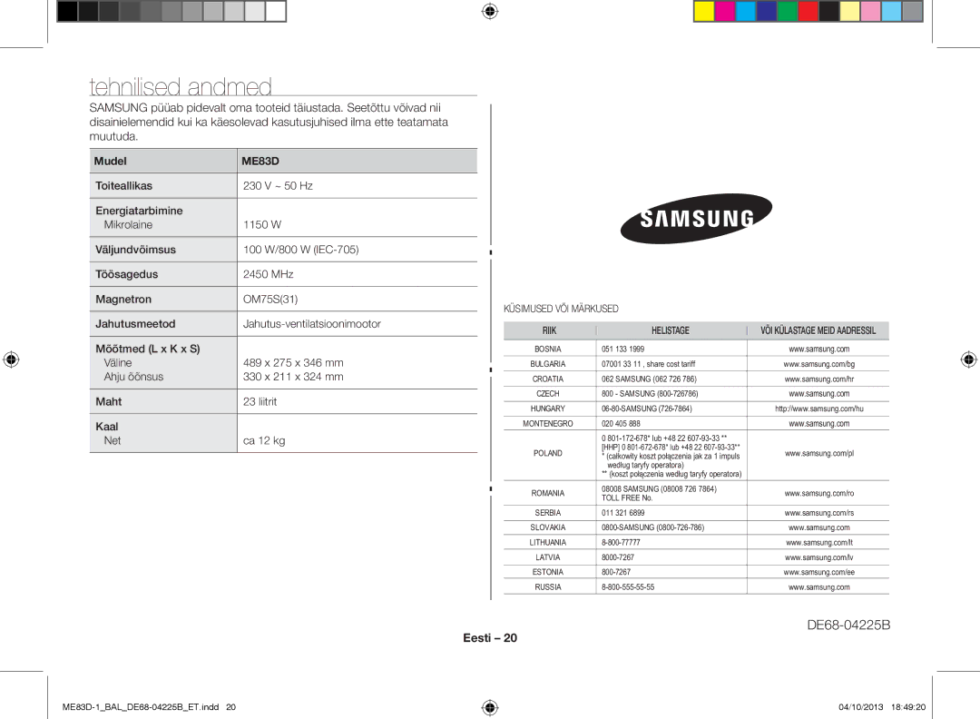 Samsung ME83D-1/BAL manual Tehnilised andmed, Mudel 