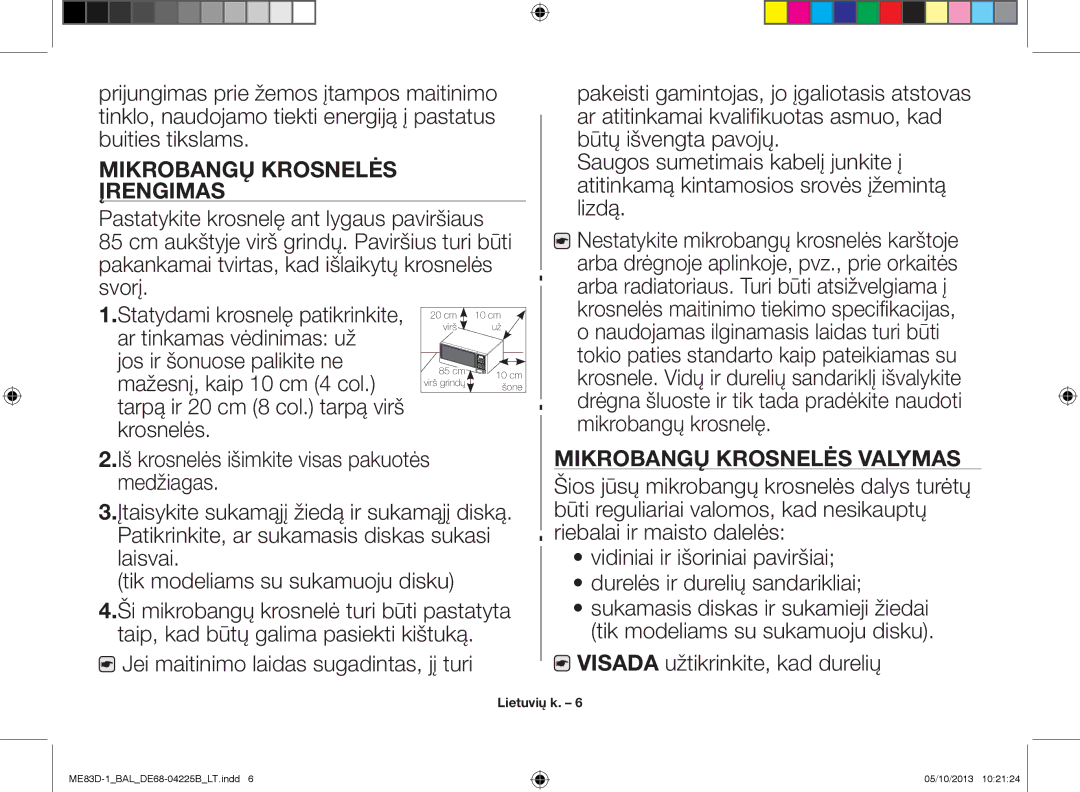 Samsung ME83D-1/BAL Mikrobangų krosnelės įrengimas, Jei maitinimo laidas sugadintas, jį turi, Mikrobangų krosnelės valymas 