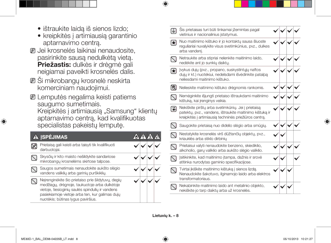 Samsung ME83D-1/BAL manual Lemputės negalima keisti patiems saugumo sumetimais, Įspėjimas 