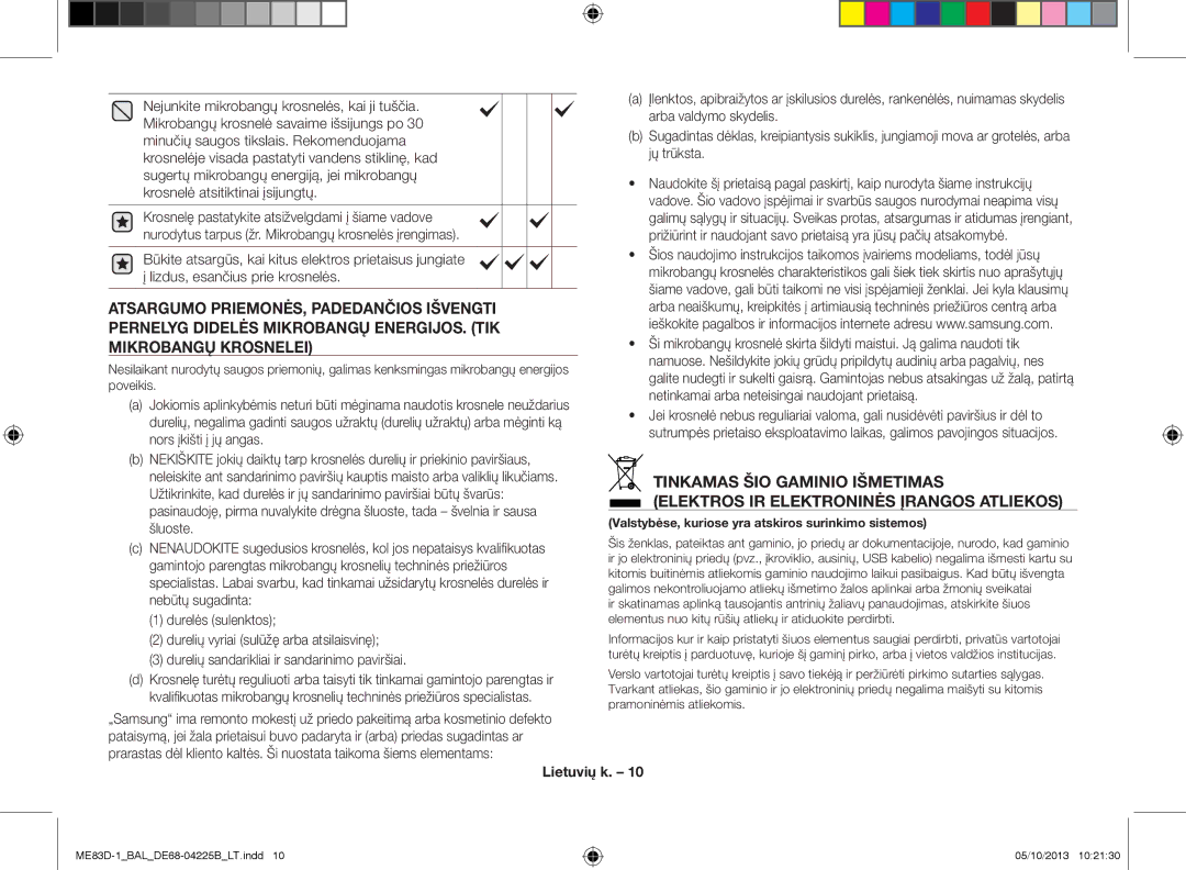 Samsung ME83D-1/BAL manual Valstybėse, kuriose yra atskiros surinkimo sistemos 