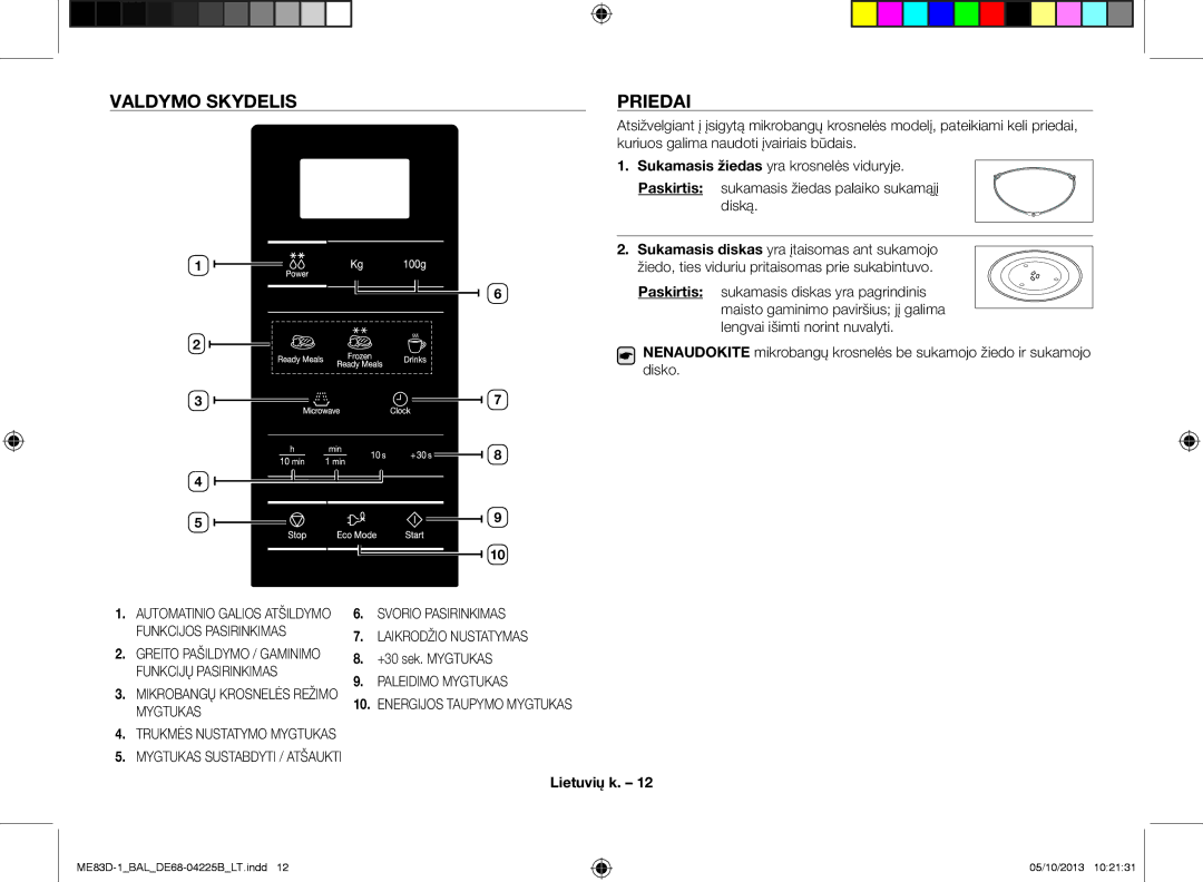 Samsung ME83D-1/BAL manual Valdymo skydelis Priedai, +30 sek. Mygtukas 