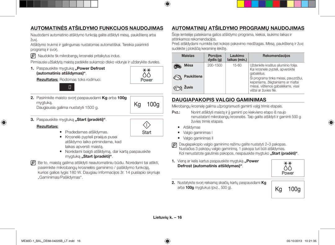 Samsung ME83D-1/BAL manual Automatinės atšildymo funkcijos naudojimas, Automatinių atšildymo programų naudojimas 