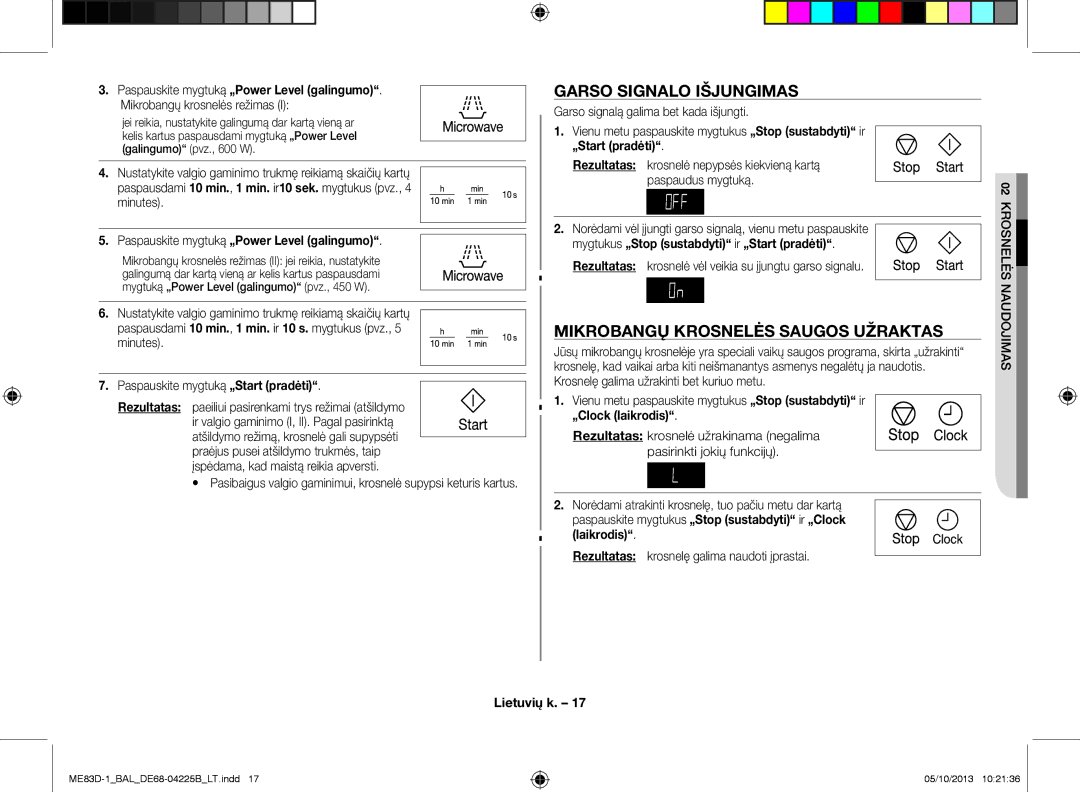 Samsung ME83D-1/BAL manual Garso signalo išjungimas, Mikrobangų krosnelės saugos užraktas, „Start pradėti, „Clock laikrodis 