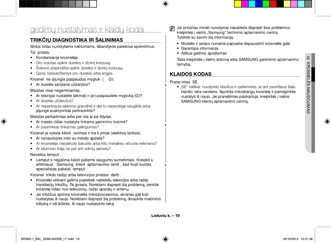 Samsung ME83D-1/BAL manual Gedimų nustatymas ir klaidų kodai, Trikčių diagnostika ir šalinimas, Klaidos kodas 