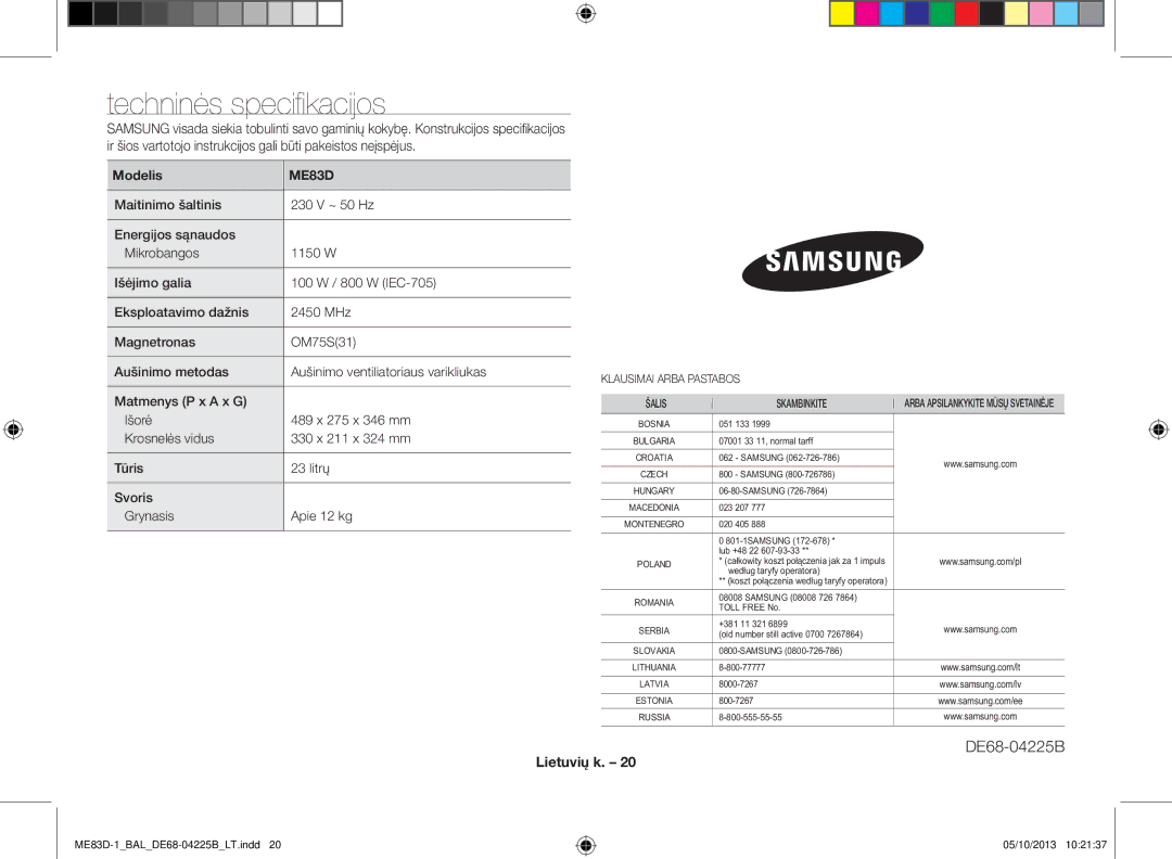 Samsung ME83D-1/BAL manual Techninės specifikacijos, Modelis 