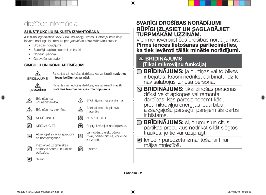 Samsung ME83D-1/BAL manual Drošības informācija, Vienmēr ievērojiet šos drošības norādījumus, Latviešu 