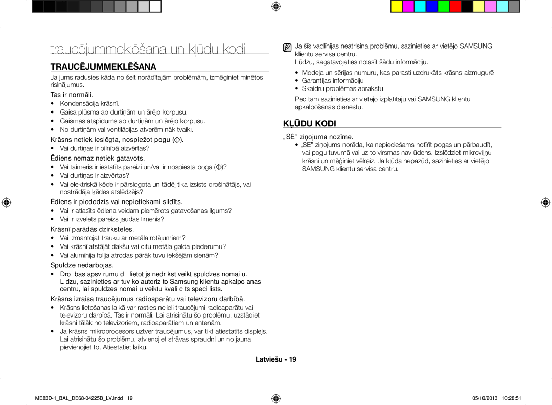 Samsung ME83D-1/BAL manual Traucējummeklēšana un kļūdu kodi, Kļūdu kodi, „SE ziņojuma nozīme 