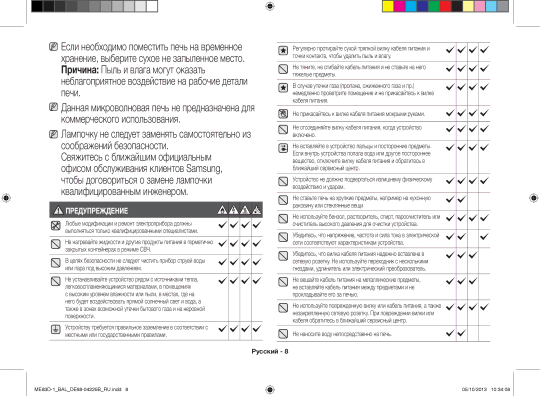 Samsung ME83D-1/BAL manual Предупреждение, Не наносите воду непосредственно на печь 