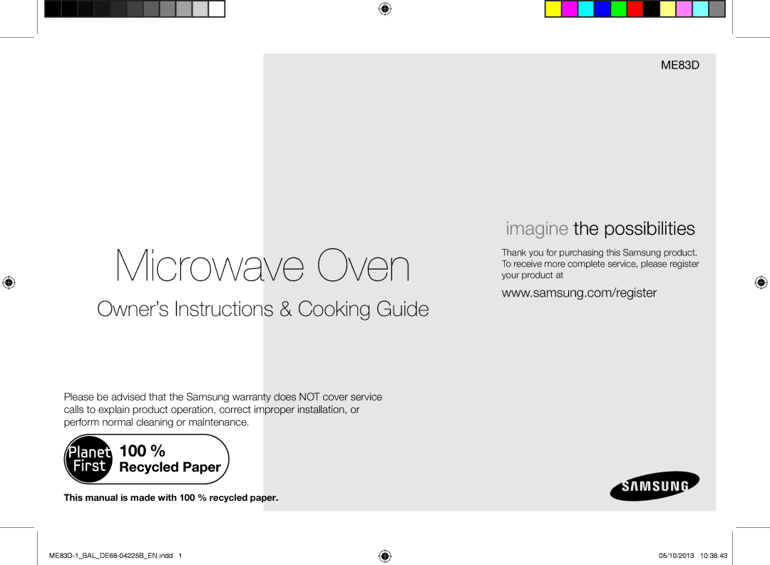 Samsung ME83D-1/BAL Microwave Oven, This manual is made with 100 % recycled paper 