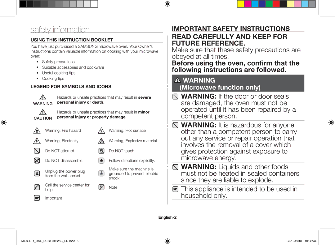 Samsung ME83D-1/BAL manual Safety information, This appliance is intended to be used in household only, English-2 