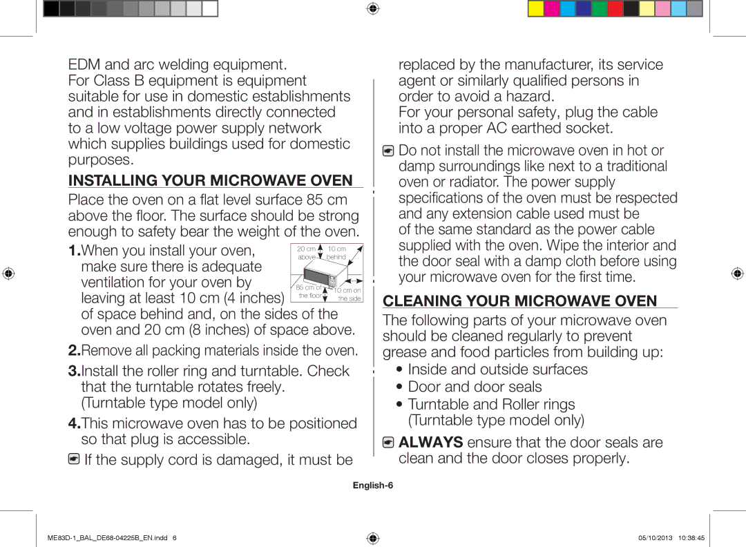 Samsung ME83D-1/BAL manual Installing your microwave oven, Cleaning your microwave oven, English-6 