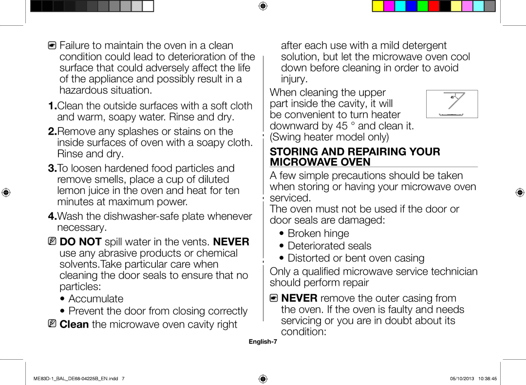 Samsung ME83D-1/BAL manual Storing and repairing your microwave oven, English-7 