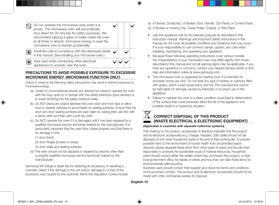 Samsung ME83D-1/BAL manual English-10, Applicable in countries with separate collection systems 