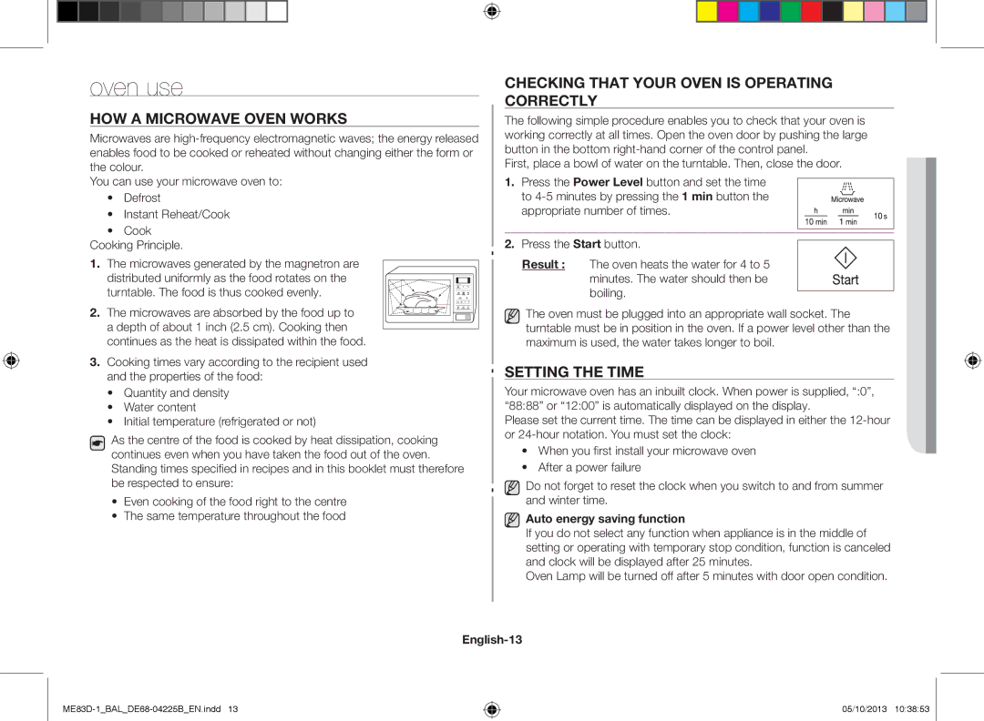 Samsung ME83D-1/BAL Oven use, How a microwave oven works, Checking that your oven is operating correctly, Setting the time 