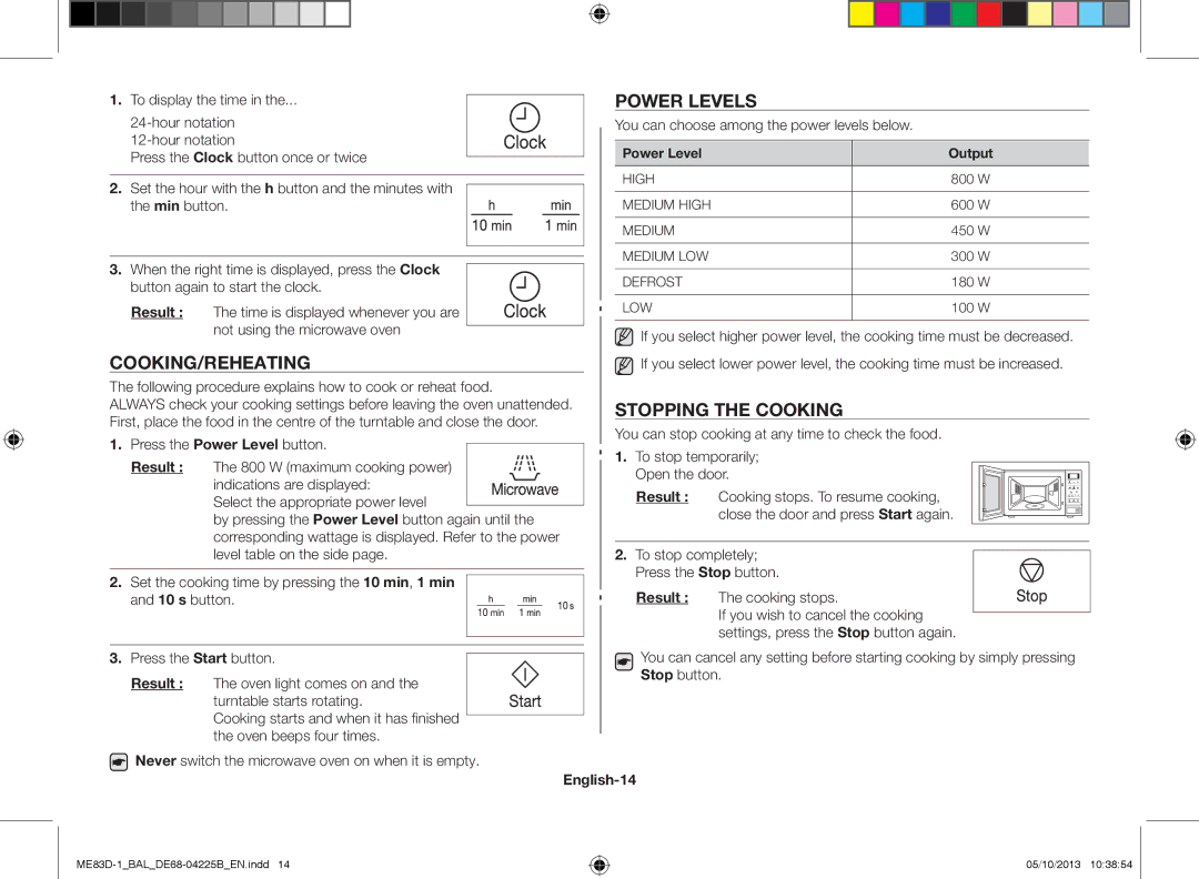 Samsung ME83D-1/BAL manual Power levels, Cooking/Reheating, Stopping the cooking, Result, English-14 