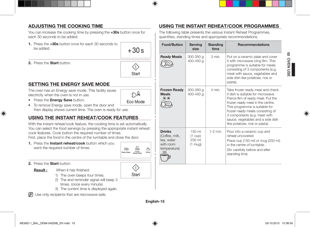Samsung ME83D-1/BAL manual Adjusting the cooking time, Setting the energy save mode, Using the instant reheat/cook features 