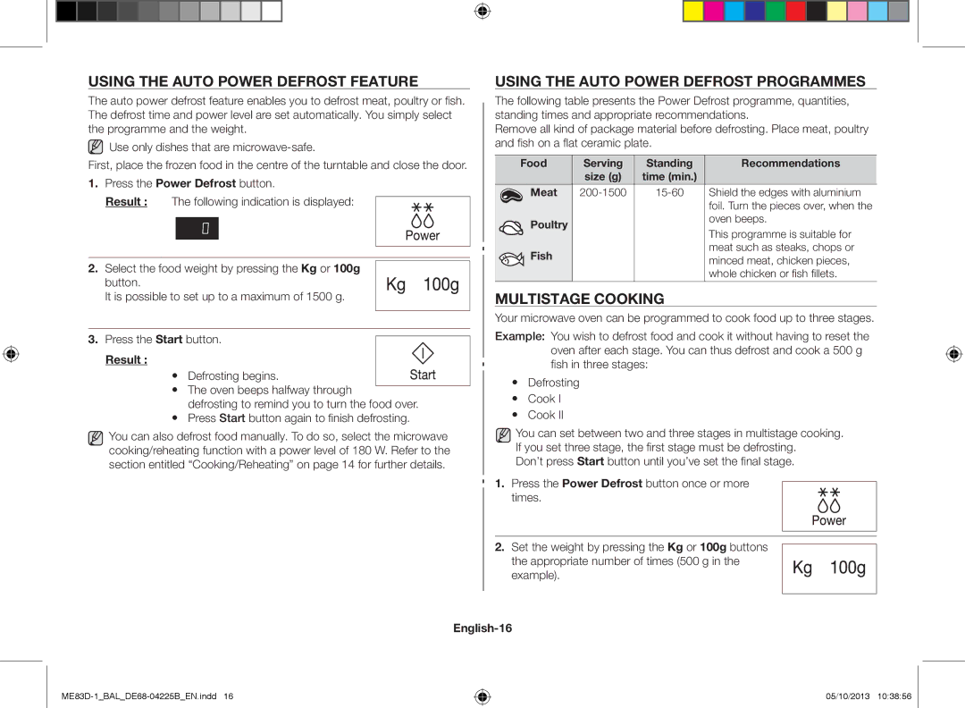 Samsung ME83D-1/BAL Using the auto power defrost feature, Using the auto power defrost programmes, Multistage cooking 