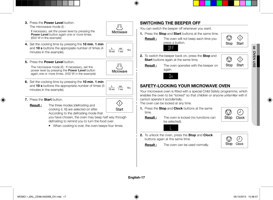 Samsung ME83D-1/BAL manual Switching the beeper off, Safety-locking your microwave oven, English-17 