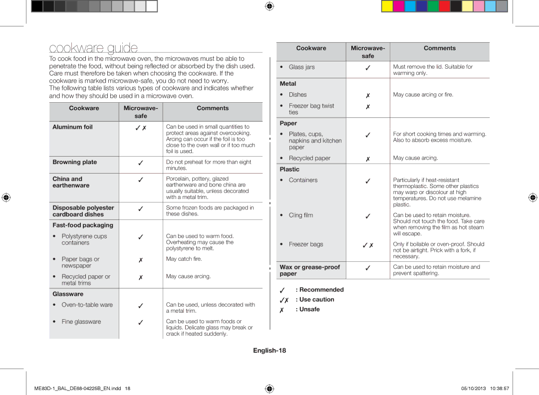 Samsung ME83D-1/BAL manual Cookware guide, English-18 