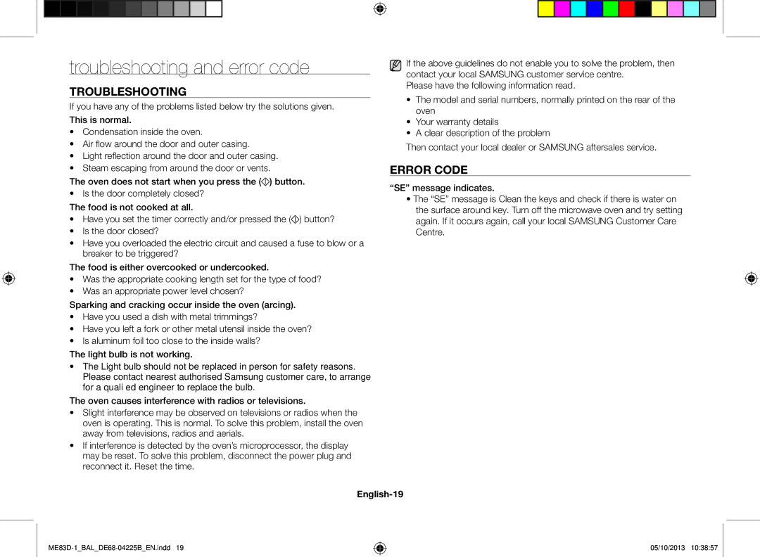 Samsung ME83D-1/BAL manual Troubleshooting and error code, Error code, English-19 