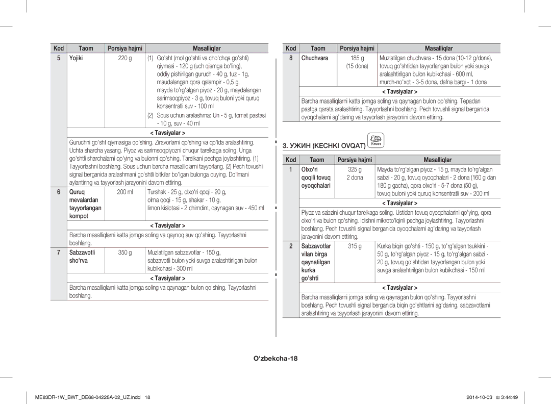 Samsung ME83DR-1/BWT, ME83DR-1WX/BWT, ME83DR-1W/BWT manual Ужин Kechki Ovqat, Ozbekcha-18 