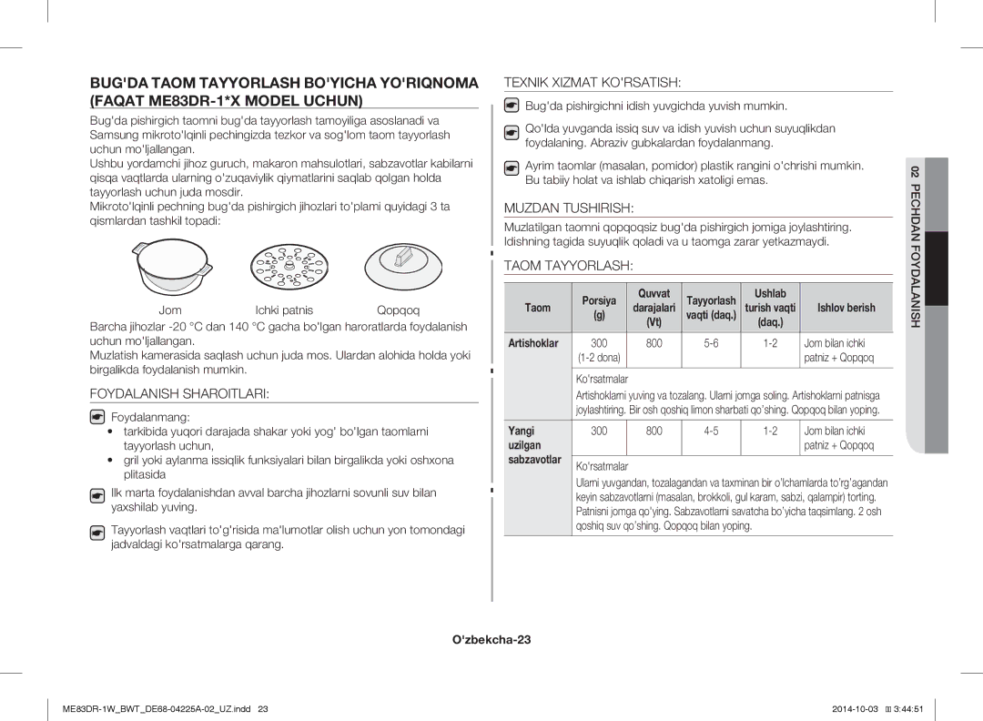Samsung ME83DR-1W/BWT, ME83DR-1/BWT, ME83DR-1WX/BWT manual Quvvat, Ushlab Taom, Yangi, Uzilgan, Ozbekcha-23 