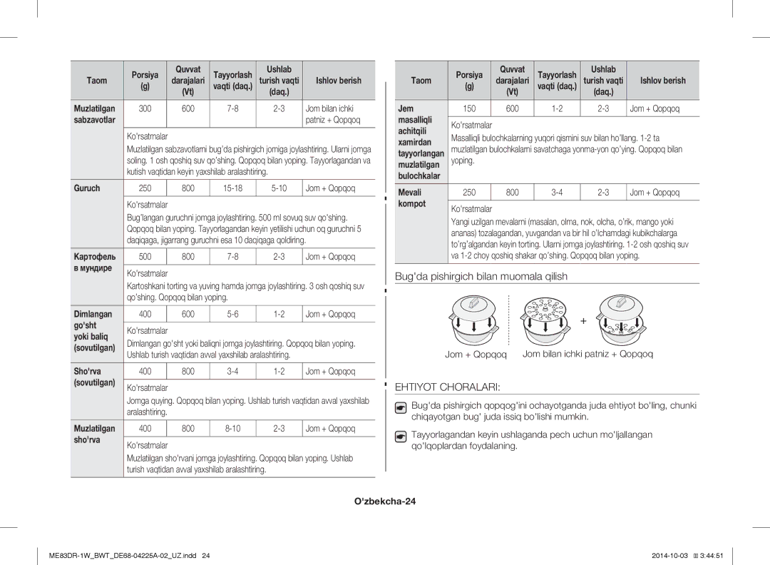 Samsung ME83DR-1/BWT Guruch, Dimlangan, Gosht, Yoki baliq, Shorva, Jem, Masalliqli, Achitqili, Xamirdan, Mevali, Kompot 