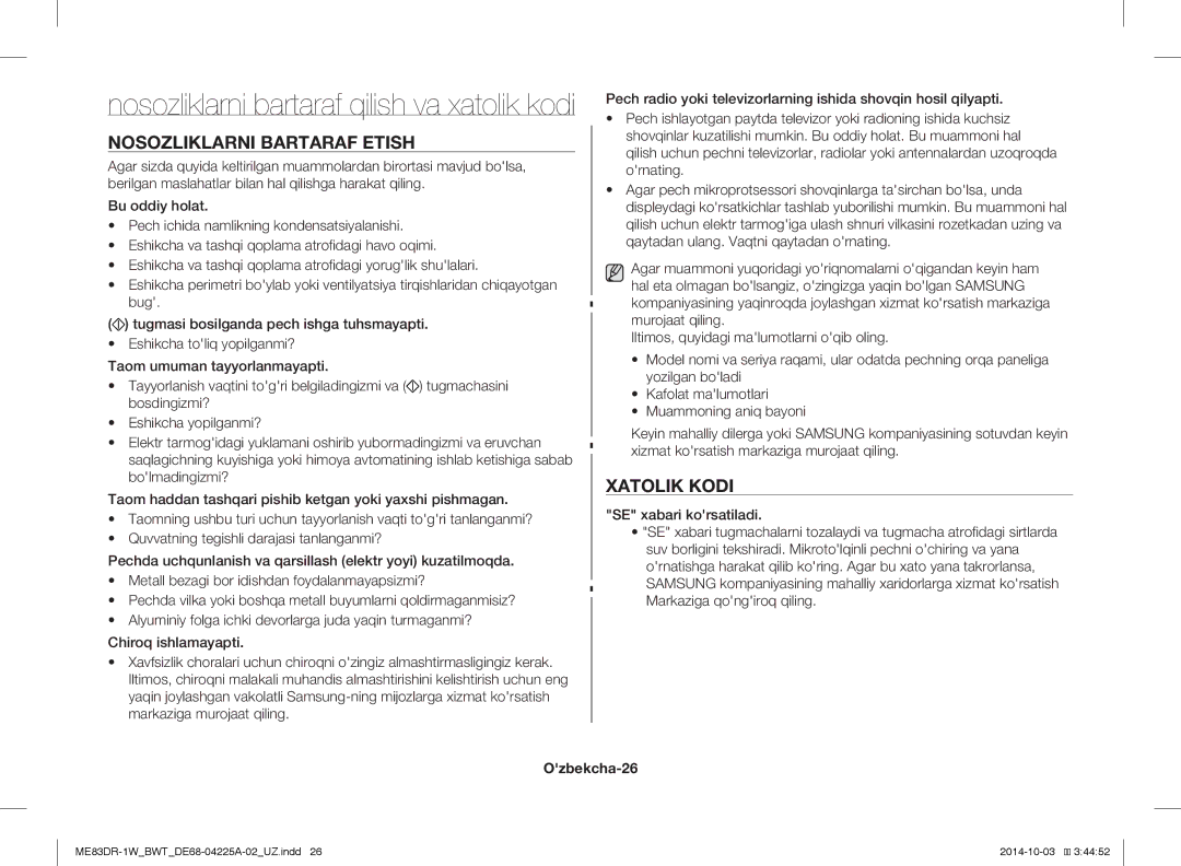 Samsung ME83DR-1W/BWT, ME83DR-1/BWT, ME83DR-1WX/BWT manual Nosozliklarni Bartaraf Etish, Xatolik Kodi, Ozbekcha-26 