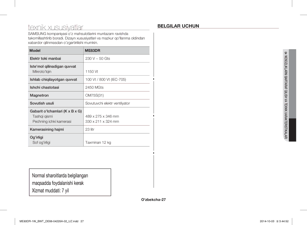 Samsung ME83DR-1/BWT, ME83DR-1WX/BWT, ME83DR-1W/BWT manual Belgilar Uchun, Model, Ozbekcha-27 