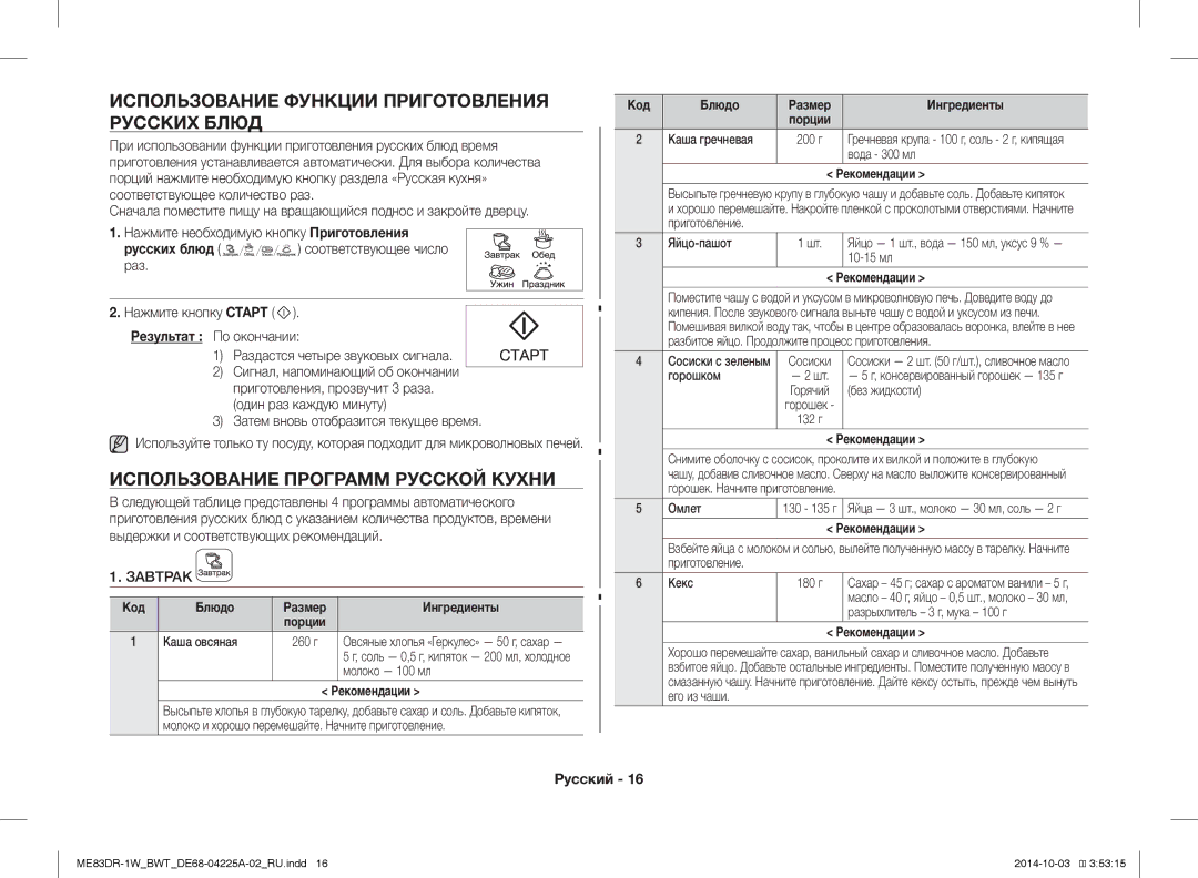 Samsung ME83DR-1WX/BWT Использование Функции Приготовления Русских Блюд, Использование Программ Русской Кухни, Завтрак 
