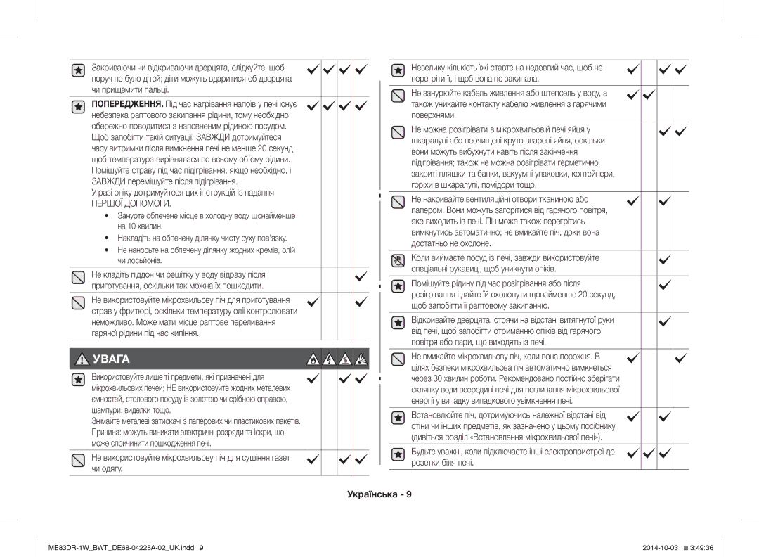 Samsung ME83DR-1WX/BWT, ME83DR-1/BWT, ME83DR-1W/BWT manual Разі опіку дотримуйтеся цих інструкцій із надання, Першої Допомоги 