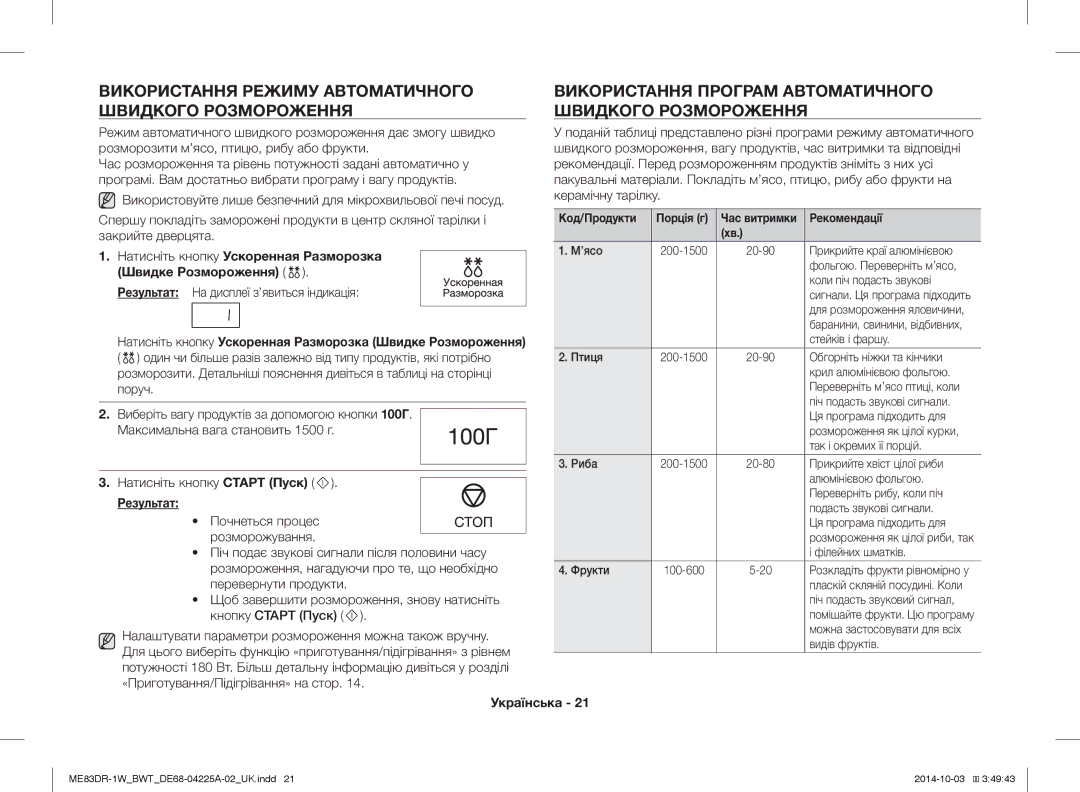 Samsung ME83DR-1WX/BWT Використання Режиму Автоматичного Швидкого Розмороження, Результат На дисплеї з’явиться індикація 