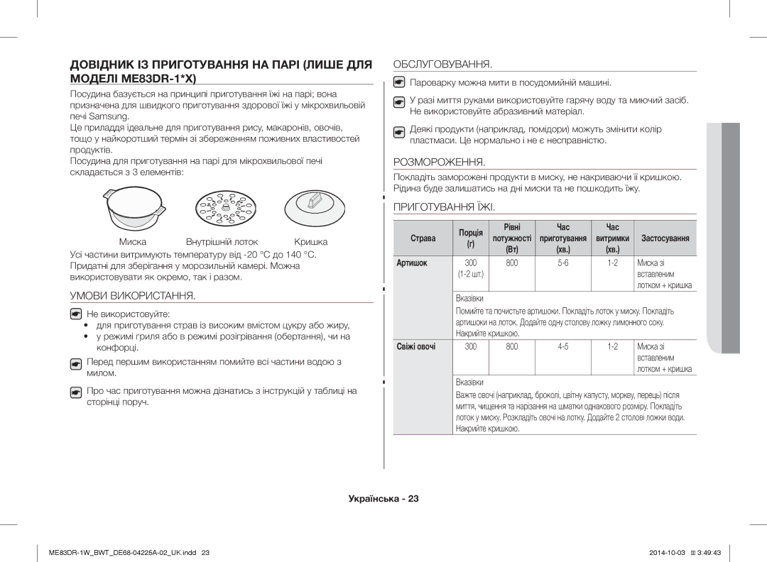 Samsung ME83DR-1/BWT Довідник ІЗ Приготування НА Парі Лише ДЛЯ Моделі ME83DR-1*X, Рівні Час Страва, Миска зі, Вставленим 