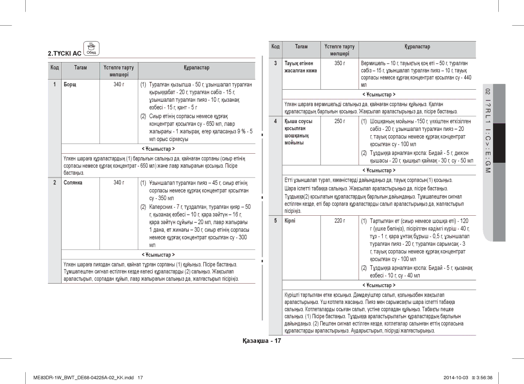 Samsung ME83DR-1WX/BWT manual Езбесі 15 г, қант 5 г, Мл орыс сіркесуы, Су 350 мл, Қосылған су 100 мл, Езбесі 10 г, су 40 мл 