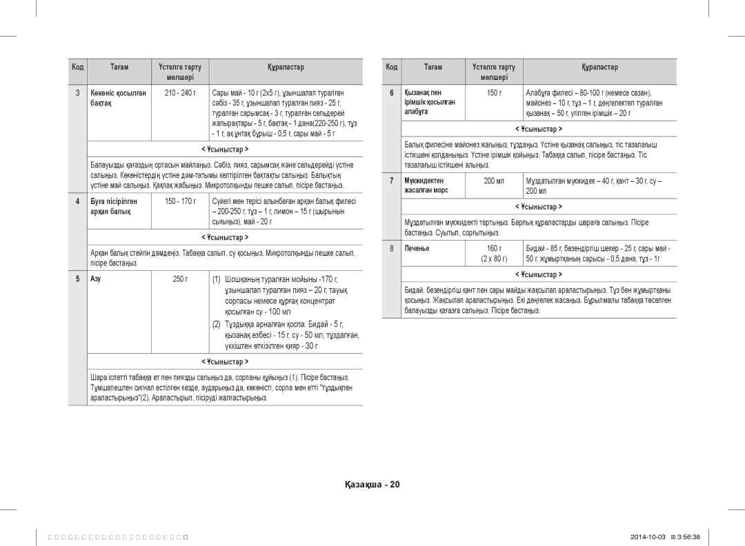 Samsung ME83DR-1WX/BWT, ME83DR-1/BWT, ME83DR-1W/BWT manual Үккіштен өткізілген қияр 30 г, Бақтақ, Буға пісірілген, 200 мл 