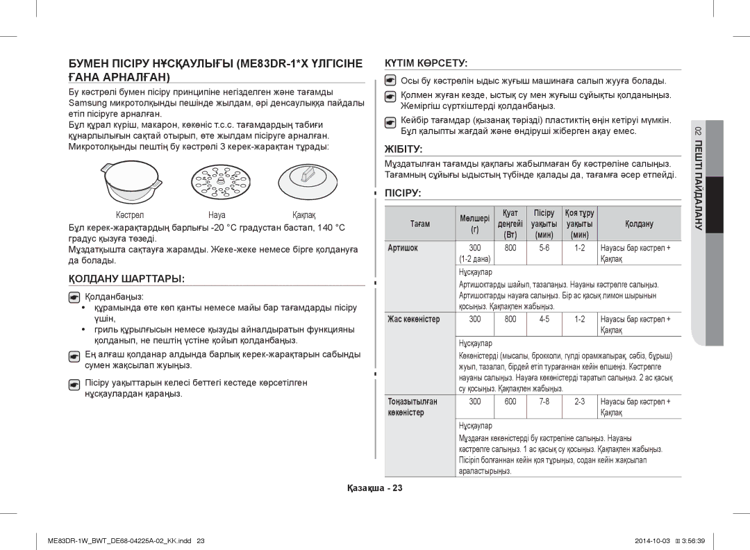 Samsung ME83DR-1WX/BWT Бумен Пісіру Нұсқаулығы ME83DR-1*X Үлгісіне Ғана Арналған, Тағам, Қолдану, Артишок, Көкөністер 