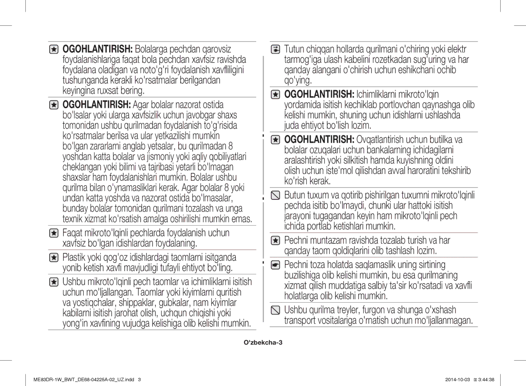Samsung ME83DR-1/BWT, ME83DR-1WX/BWT, ME83DR-1W/BWT manual Ozbekcha-3 