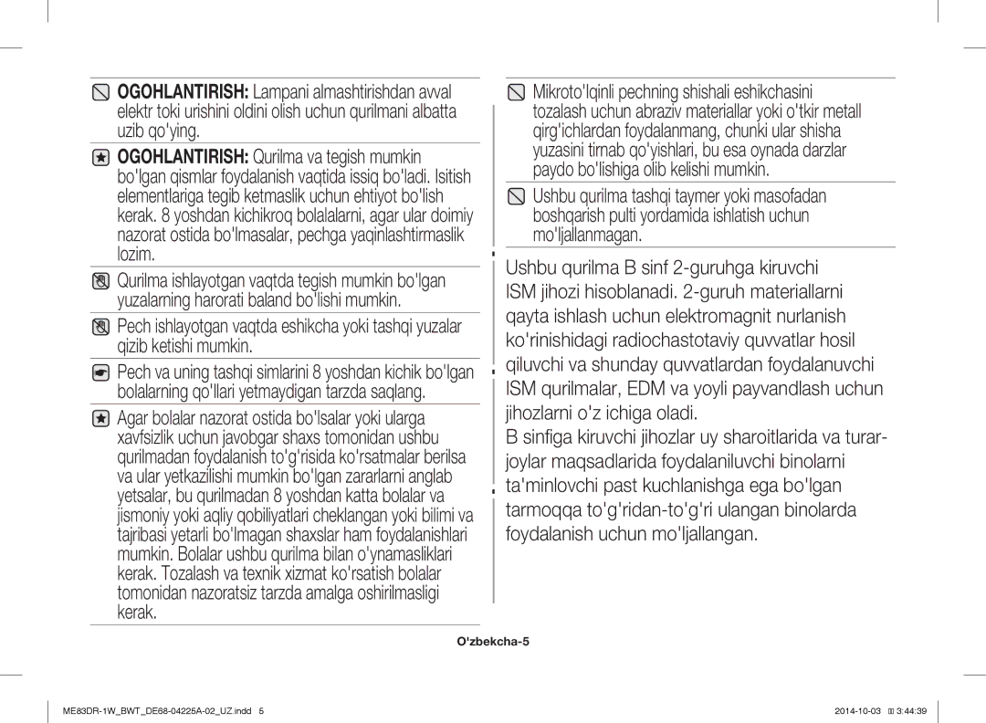 Samsung ME83DR-1W/BWT, ME83DR-1/BWT, ME83DR-1WX/BWT manual Ozbekcha-5 