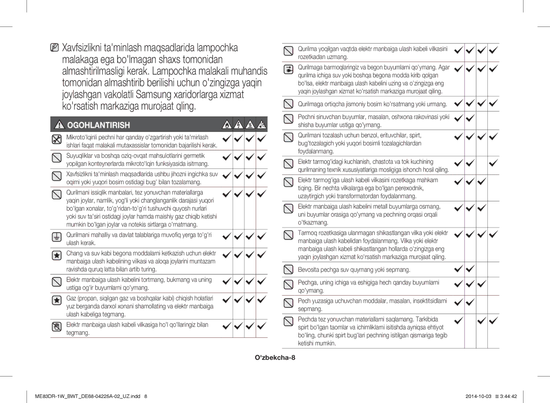Samsung ME83DR-1W/BWT, ME83DR-1/BWT, ME83DR-1WX/BWT manual Ogohlantirish, Ozbekcha-8 